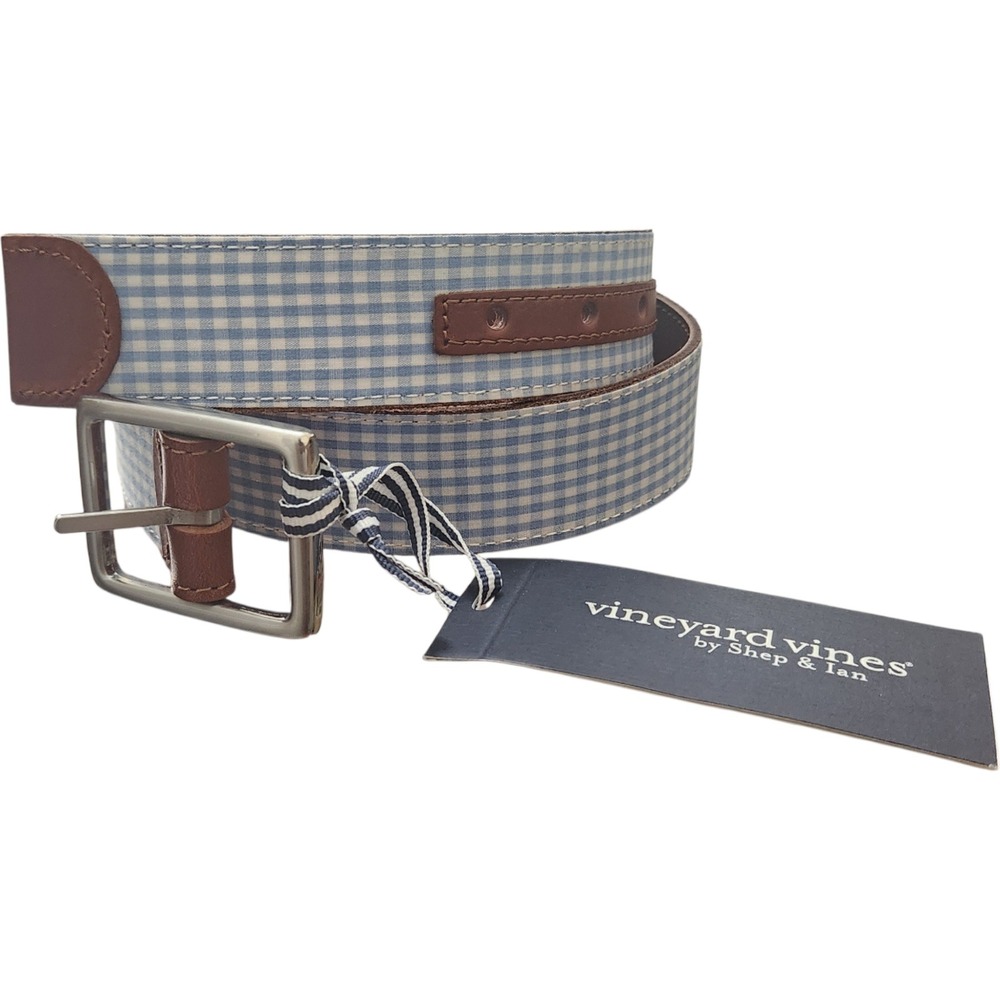 Vineyard Vines Gingham Reverse Leather Belt Summer‎ Evening Blue White Size 32